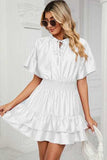Smocked Tie Neck Flounce Sleeve Dress - Trendsi - Flyclothing LLC