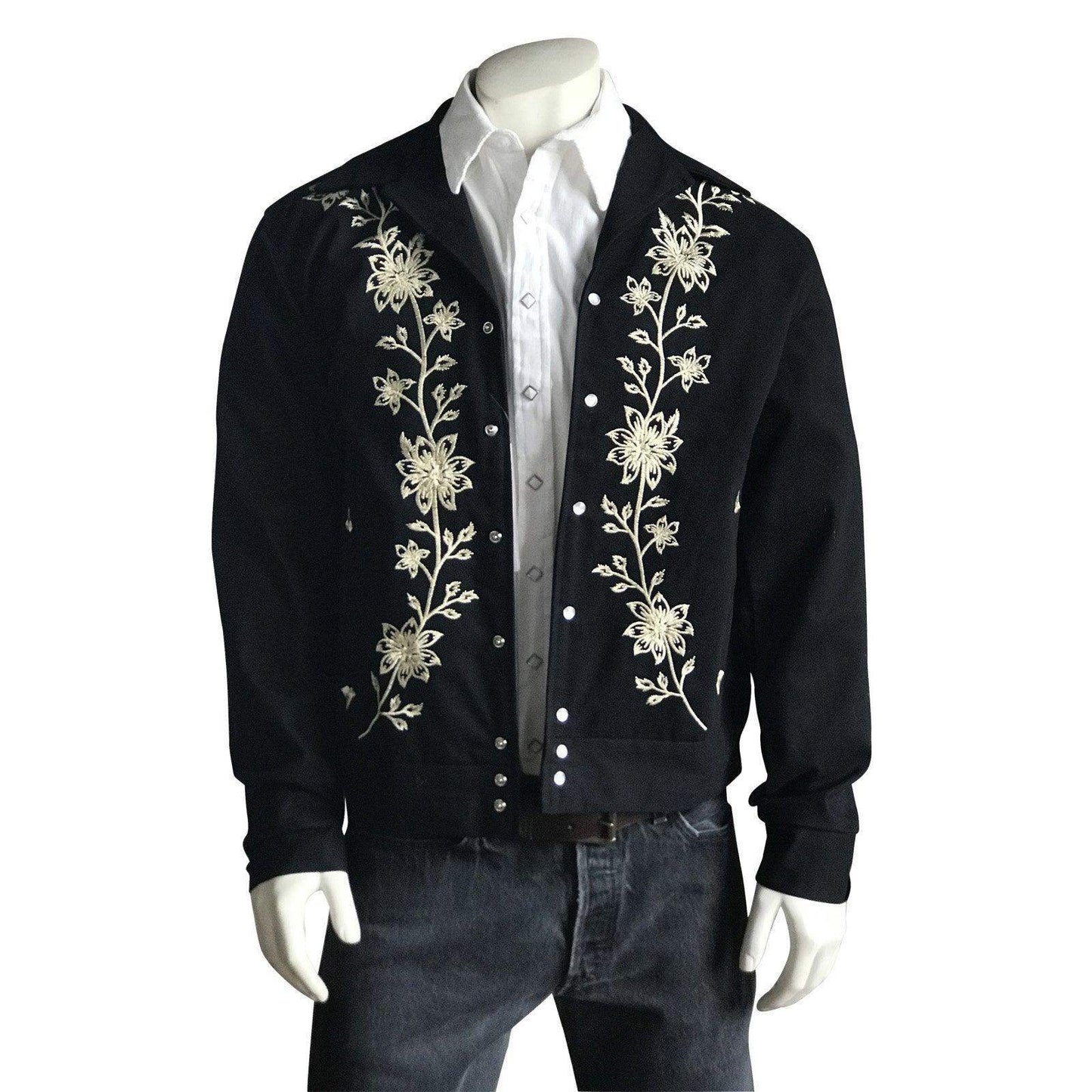 Men’s Vintage Western Bolero Jacket with Ivory Floral Embroidery - Rockmount Clothing - Flyclothing LLC