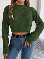 Cable-Knit Round Neck Cropped Sweater - Trendsi
