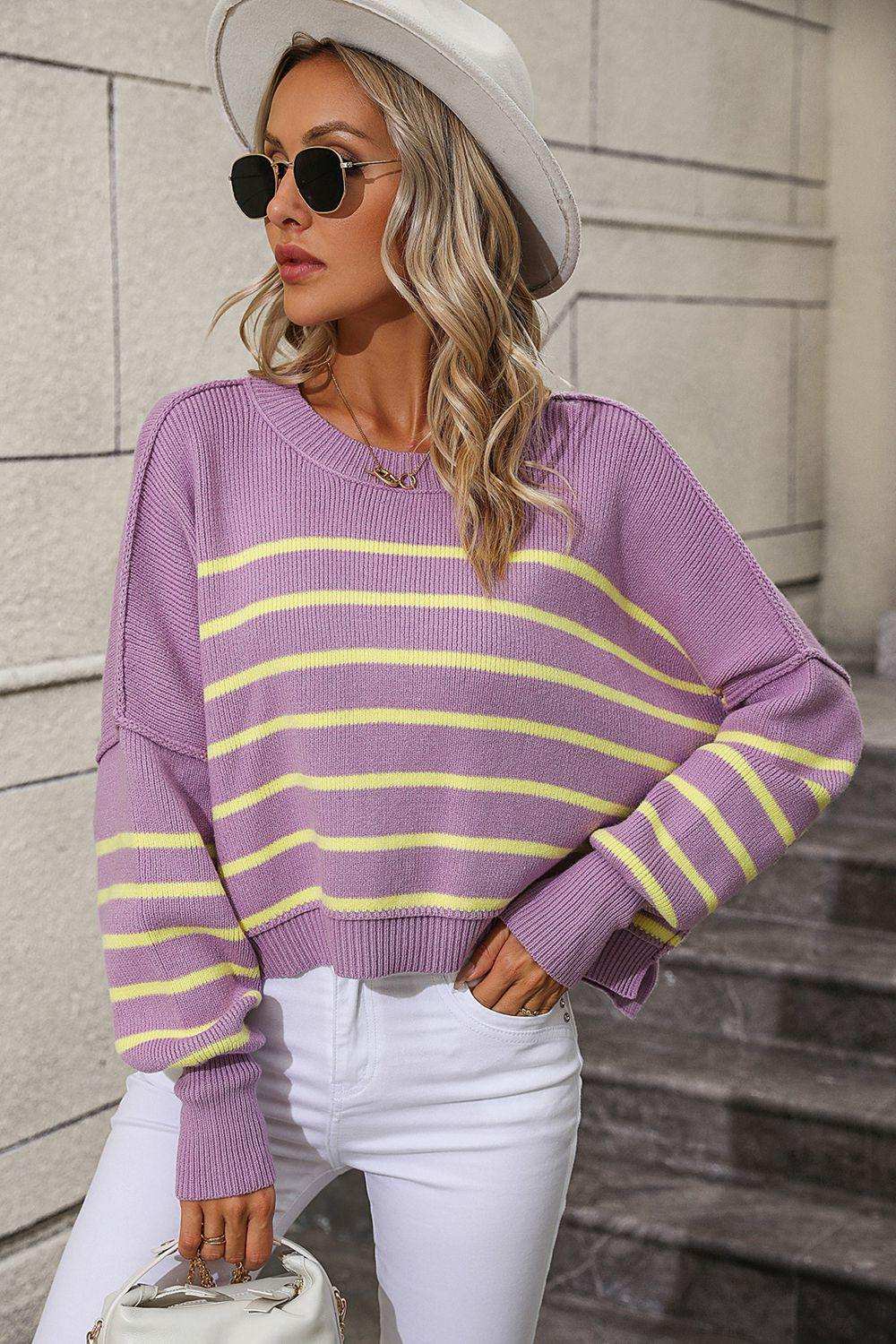 Striped Dropped Shoulder Round Neck Pullover Sweater - Trendsi - Flyclothing LLC