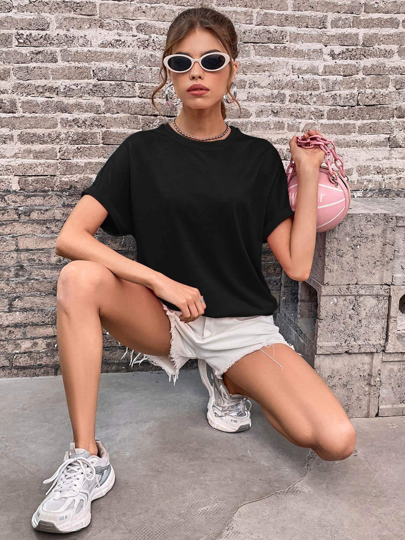 Round Neck Cuffed Sleeve T-Shirt - Trendsi - Flyclothing LLC