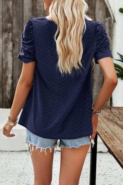 Eyelet Square Neck Puff Sleeve T-Shirt - Trendsi - Flyclothing LLC