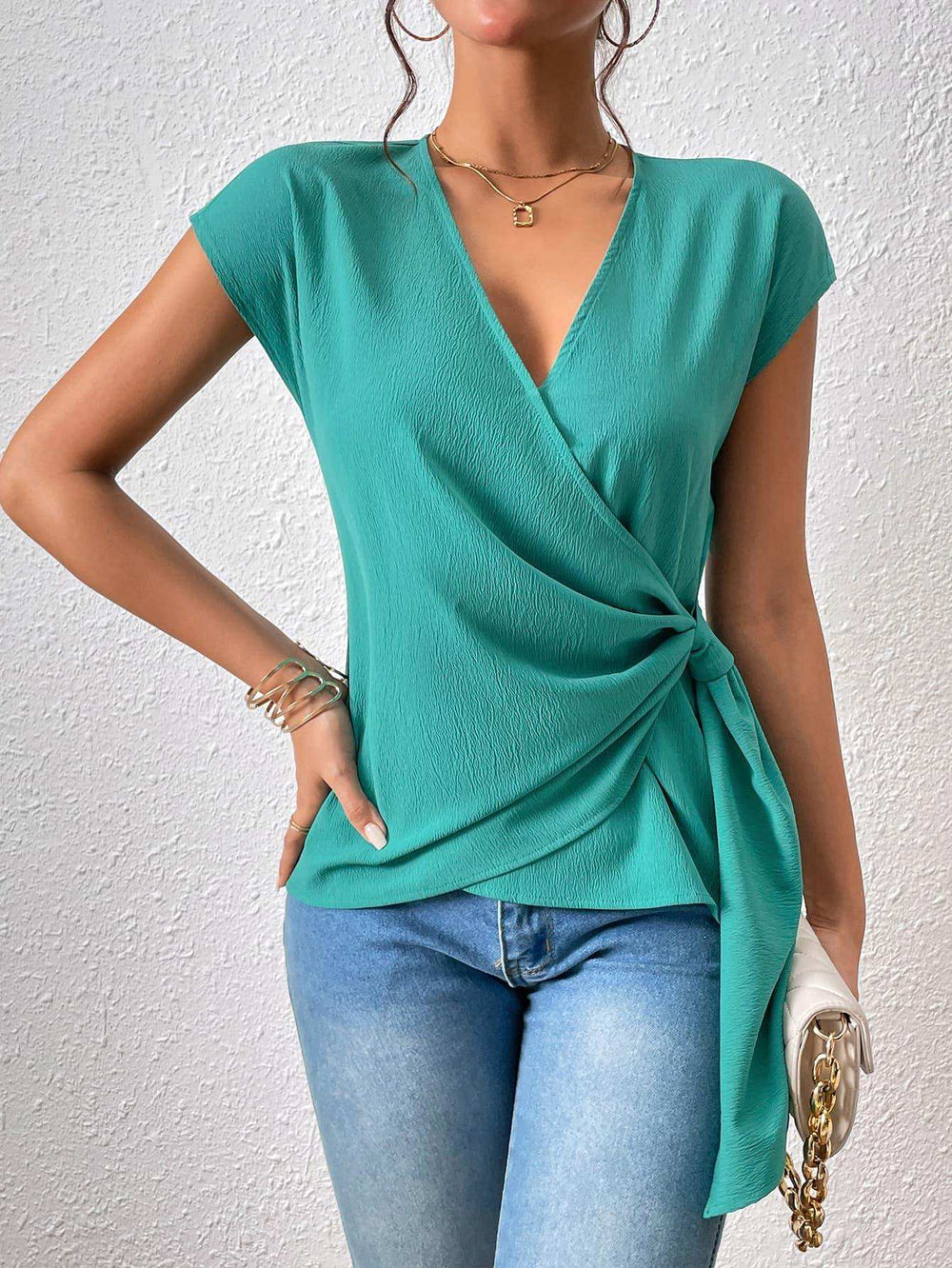 Tied Surplice Neck Short Sleeve Blouse - Trendsi - Flyclothing LLC