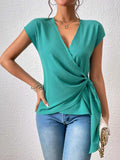 Tied Surplice Neck Short Sleeve Blouse - Trendsi - Flyclothing LLC