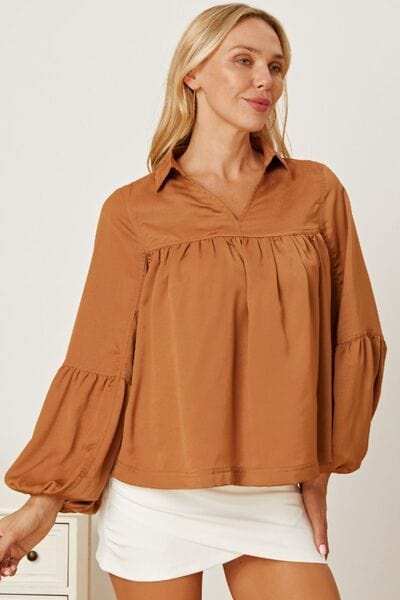 Balloon Sleeve Collared Neck Blouse - Trendsi - Flyclothing LLC