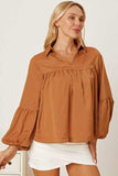 Balloon Sleeve Collared Neck Blouse - Trendsi - Flyclothing LLC