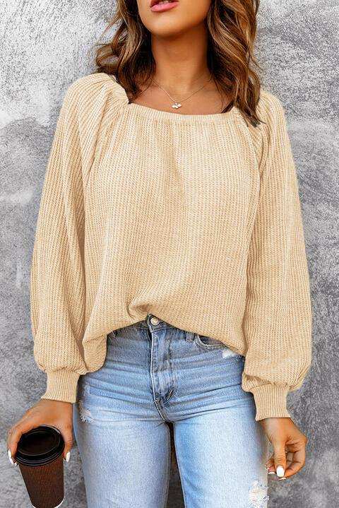 Square Neck Waffle-Knit Top - Trendsi - Flyclothing LLC