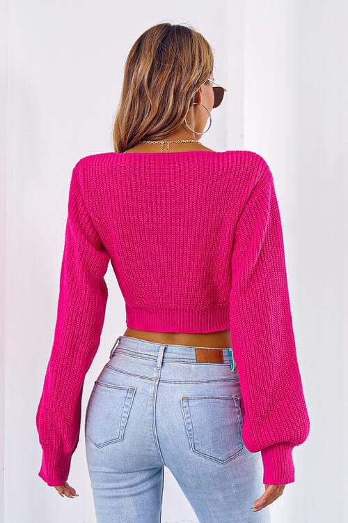 Bow V-Neck Long Sleeve Cropped Sweater - Trendsi - Flyclothing LLC