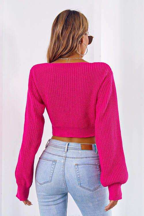 Bow V-Neck Long Sleeve Cropped Sweater - Trendsi - Flyclothing LLC