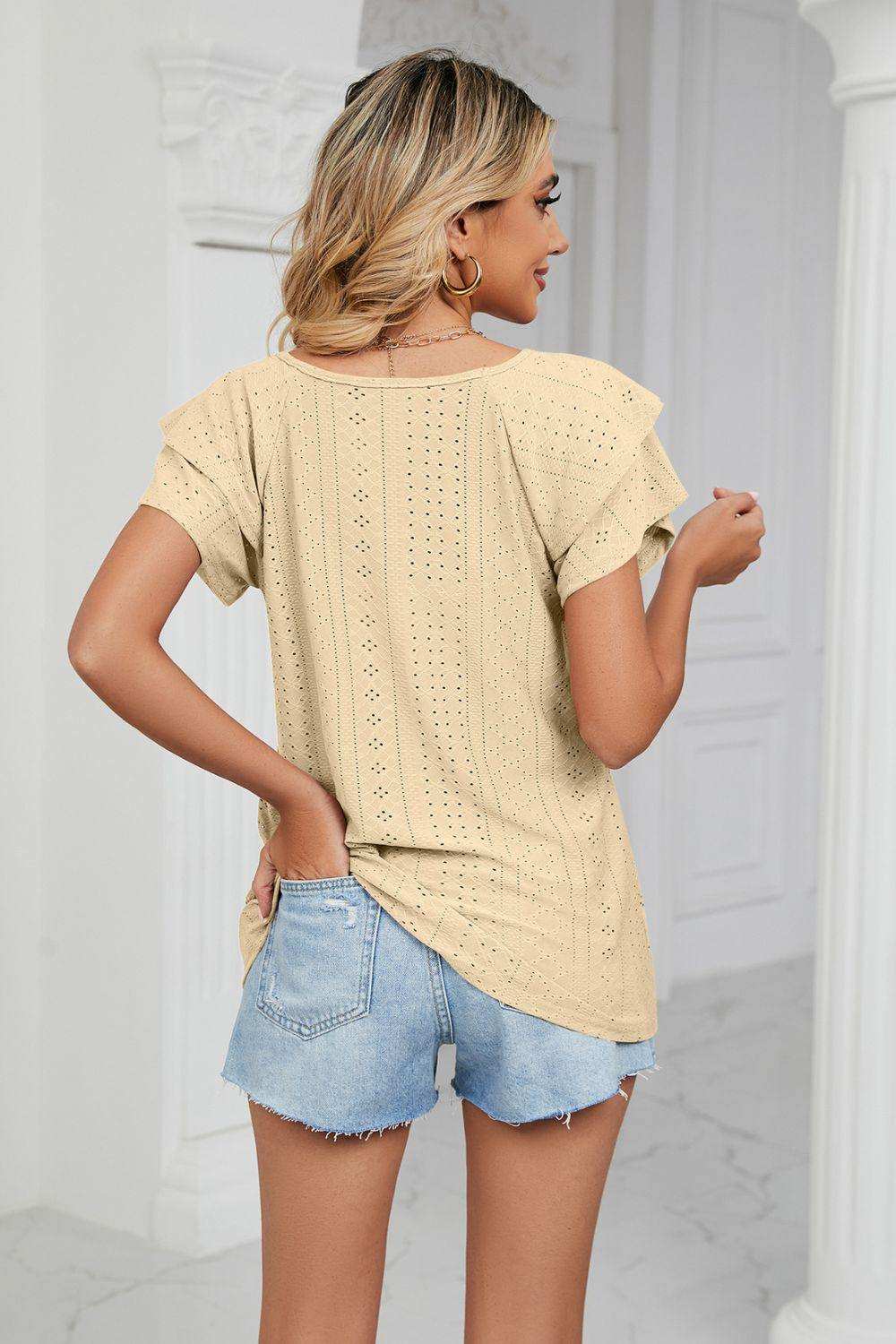 Eyelet Layered Flutter Sleeve V-Neck Knit Top - Trendsi - Flyclothing LLC