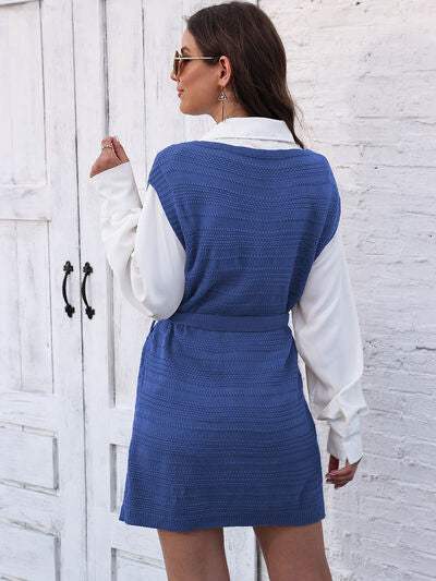 Tie Front V-Neck Sleeveless Slit Sweater Dress - Trendsi - Flyclothing LLC