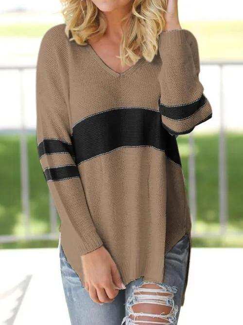 Striped V-Neck Long Sleeve Sweater - Trendsi - Flyclothing LLC
