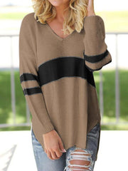 Striped V-Neck Long Sleeve Sweater - Flyclothing LLC