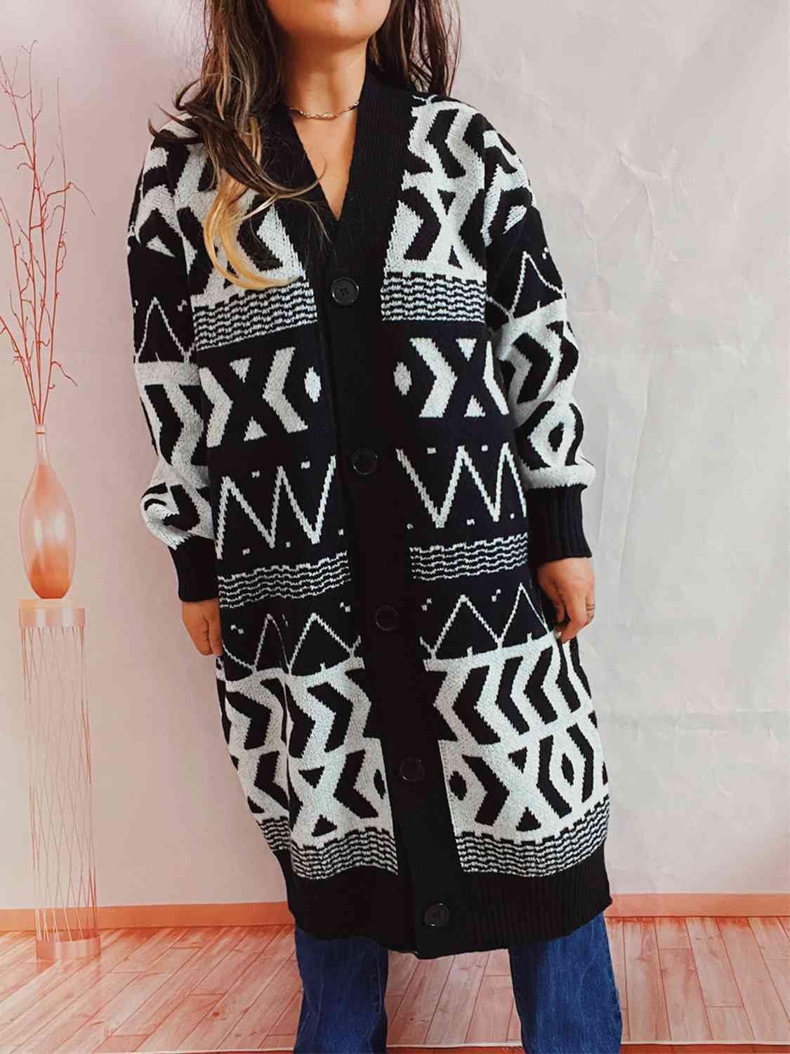 Geometric Button Front Longline Cardigan - Trendsi