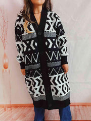 Geometric Button Front Longline Cardigan - Trendsi