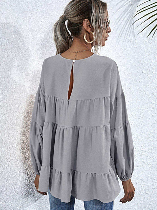 Round Neck Dropped Shoulder Tiered Blouse - Trendsi - Flyclothing LLC