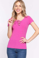 ACTIVE BASIC Lace Up Short Sleeve Rib Knit T-Shirt - Trendsi - Flyclothing LLC