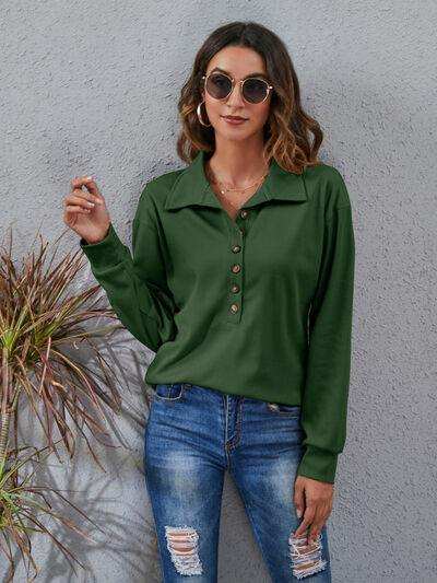 Half Button Dropped Shoulder Blouse - Trendsi - Flyclothing LLC