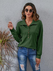 Half Button Dropped Shoulder Blouse - Trendsi