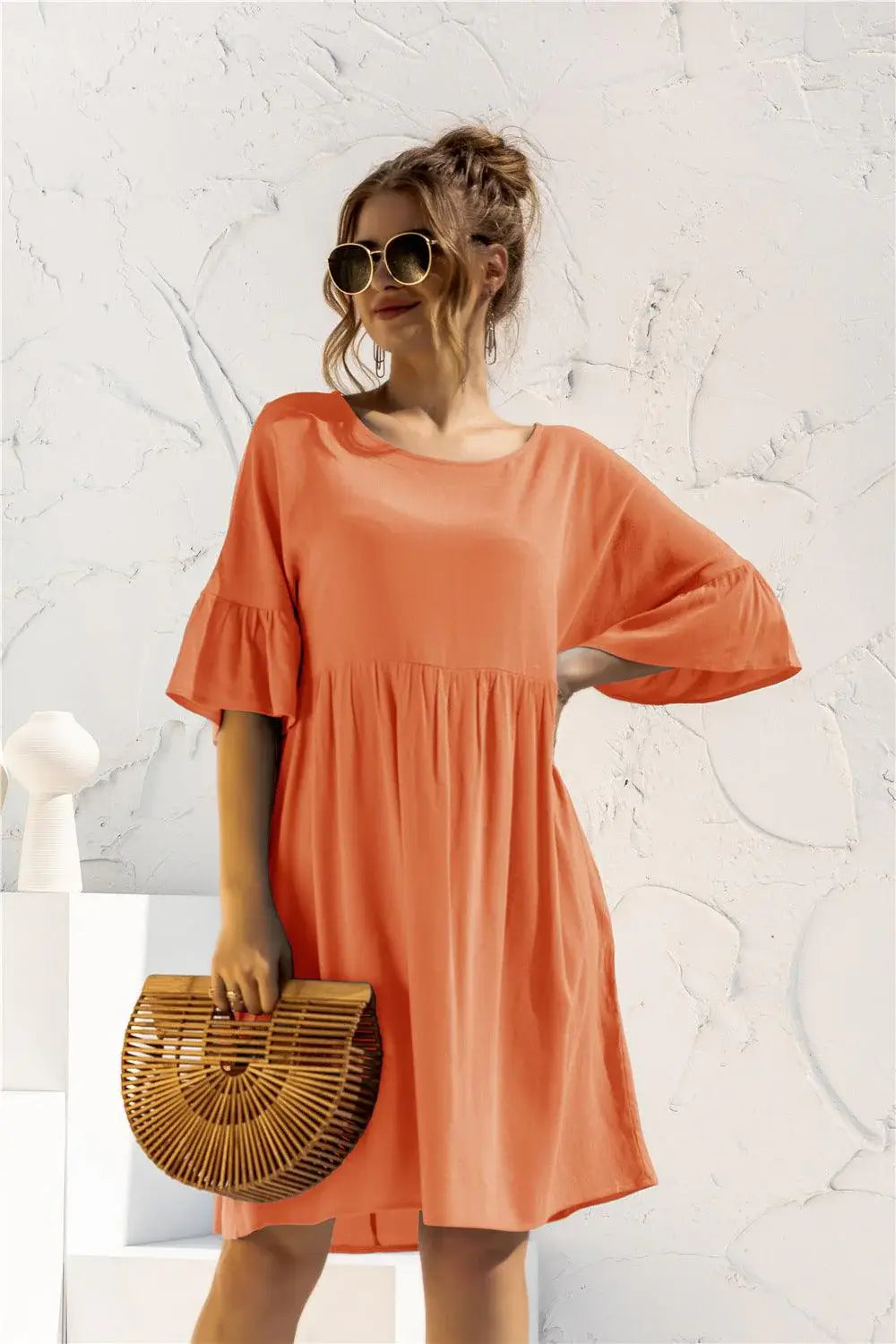Boat Neck Flounce Sleeve Knee-Length Dress - Trendsi - Flyclothing LLC