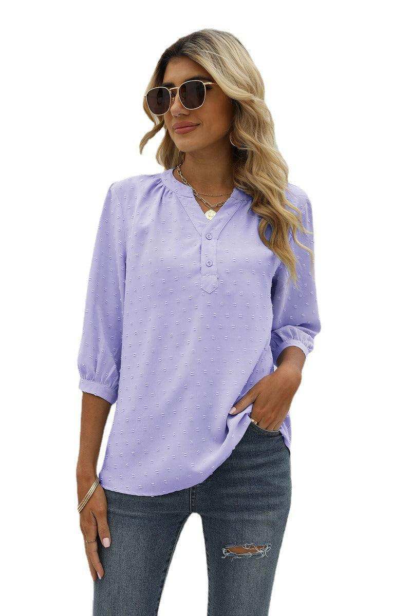 Swiss Dot Notched Neck Three-Quarter Sleeve Blouse - Trendsi - Flyclothing LLC