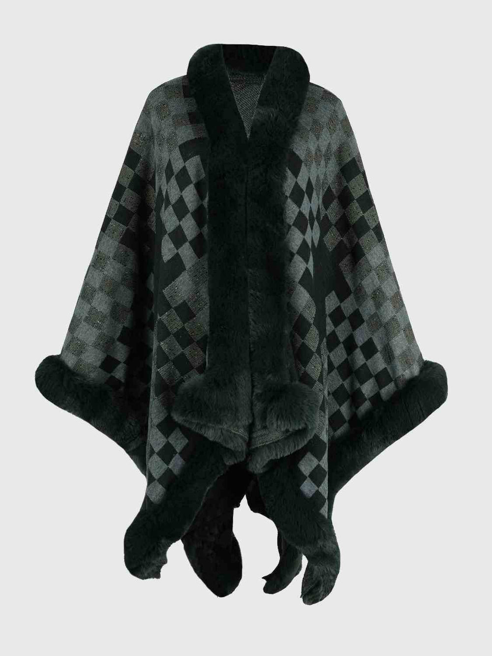 Checkered Faux Fur Trim Poncho - Trendsi - Flyclothing LLC