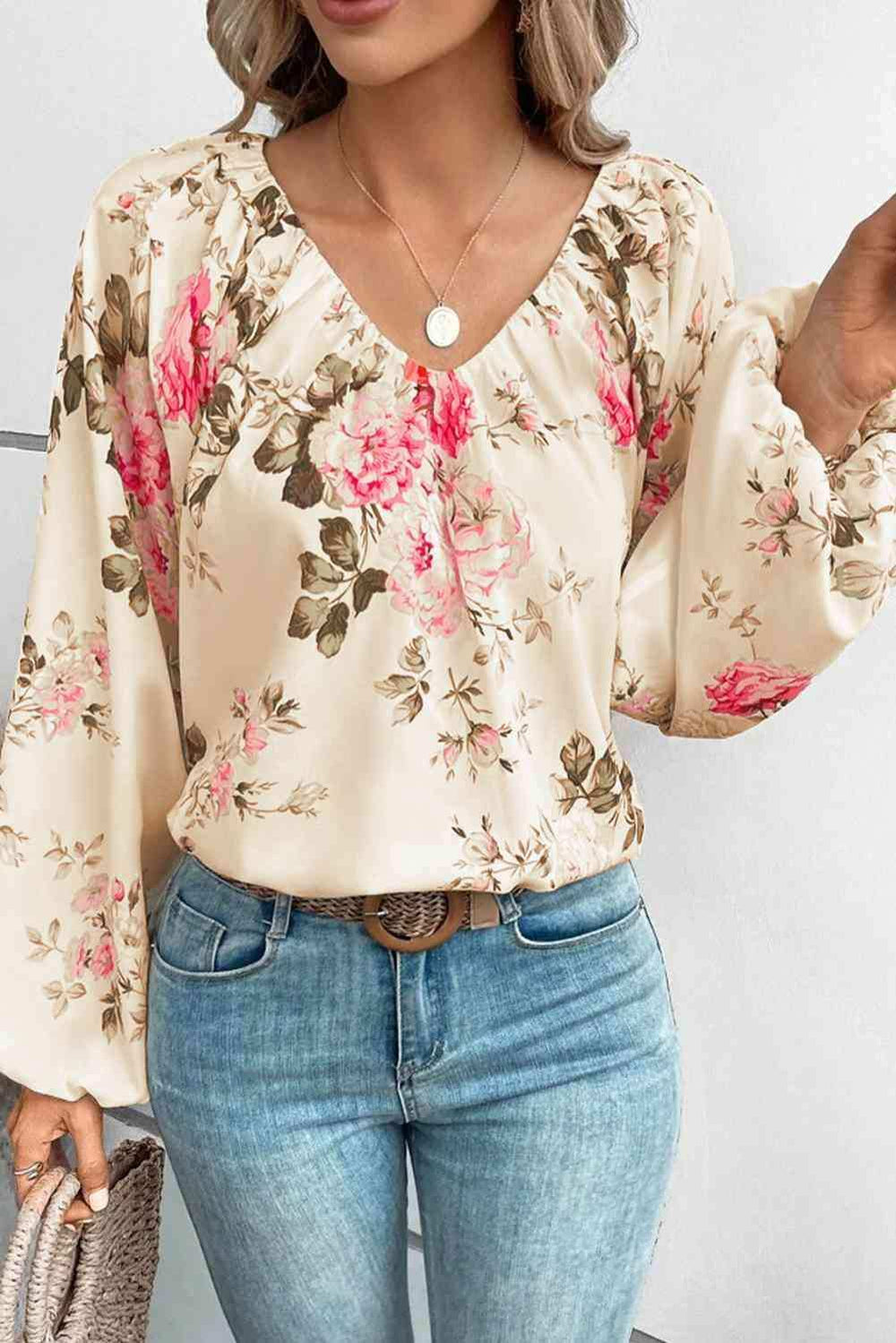 Floral V-Neck Balloon Sleeve Blouse - Trendsi - Flyclothing LLC