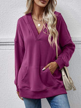 V-Neck Drop Shoulder Long Sleeve Hoodie - Trendsi - Flyclothing LLC