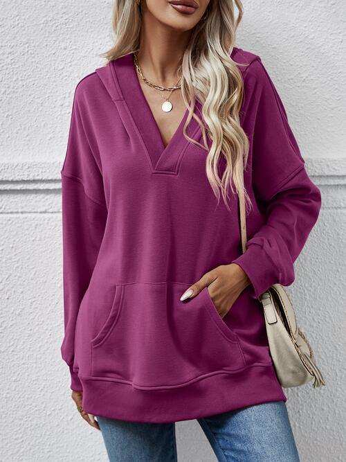 V-Neck Drop Shoulder Long Sleeve Hoodie - Trendsi - Flyclothing LLC