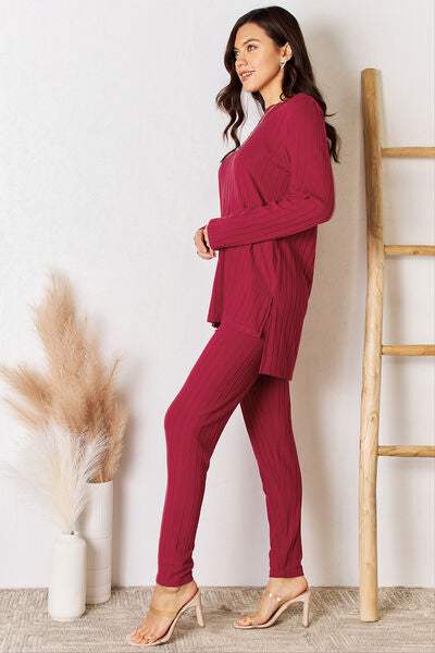 Basic Bae Full Size Ribbed Round Neck High-Low Slit Top and Pants Set - Trendsi - Flyclothing LLC