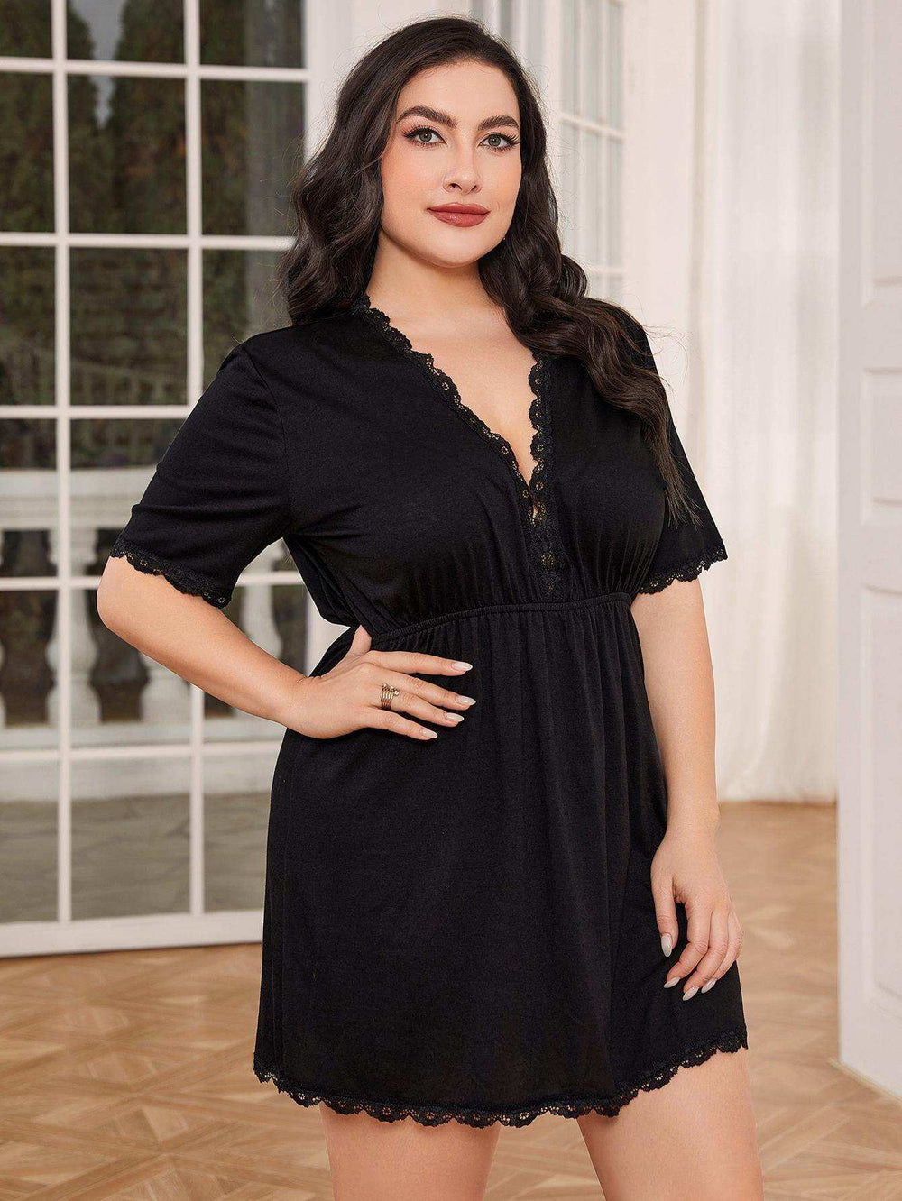 Plus Size Lace Trim Deep V Night Dress - Trendsi - Flyclothing LLC
