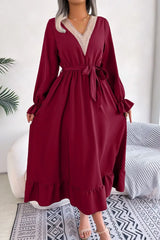 Contrast Belted Flounce Sleeve Dress - Trendsi - Flyclothing LLC