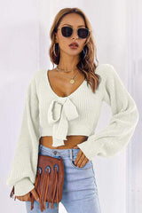 Bow V-Neck Long Sleeve Cropped Sweater - Trendsi - Flyclothing LLC
