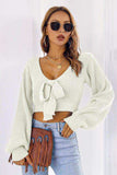 Bow V-Neck Long Sleeve Cropped Sweater - Trendsi - Flyclothing LLC