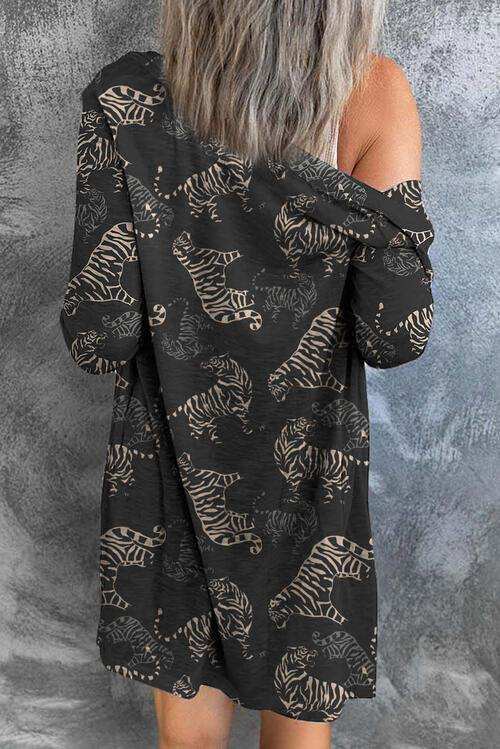 Tiger Print Button Up Long Sleeve Cardigan - Trendsi - Flyclothing LLC