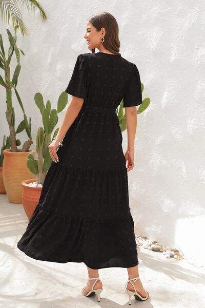 Swiss Dot Tied Surplice Short Sleeve Dress - Trendsi - Flyclothing LLC