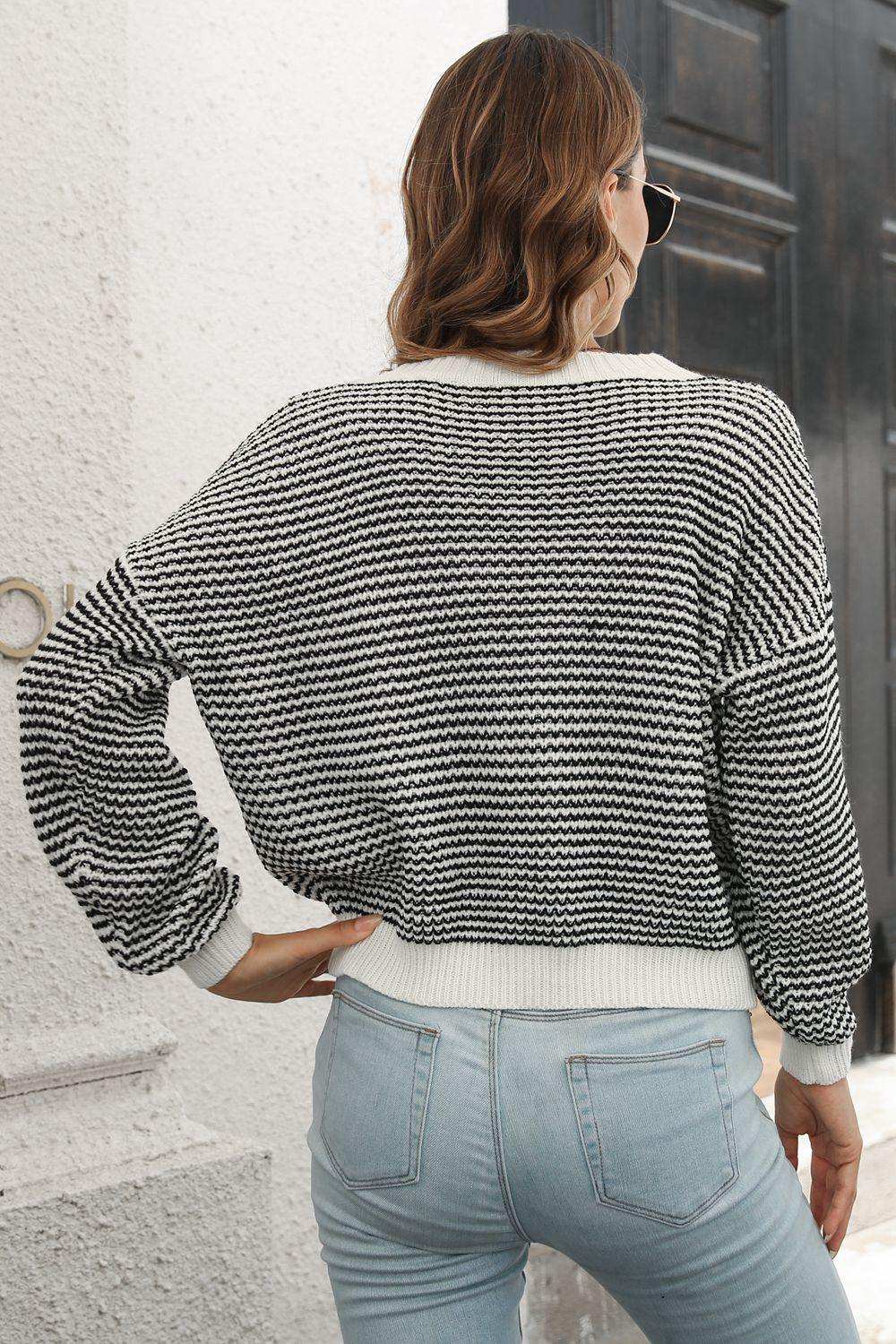 Striped Round Neck Dropped Shoulder Sweater - Trendsi - Flyclothing LLC