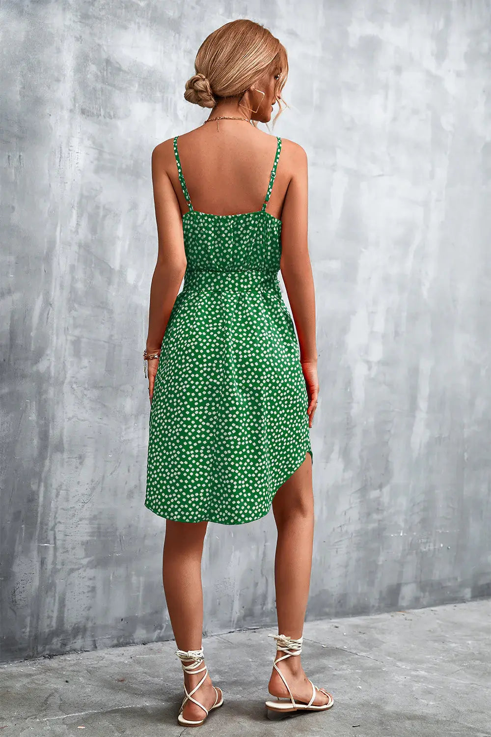 Printed V-Neck Tie Waist Mini Dress - Trendsi - Flyclothing LLC