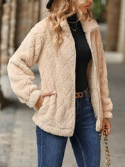 Fuzzy Pocketed Zip Up Jacket - Trendsi