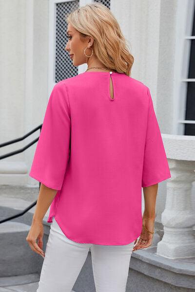 Round Neck Slit Half Sleeve Top - Trendsi