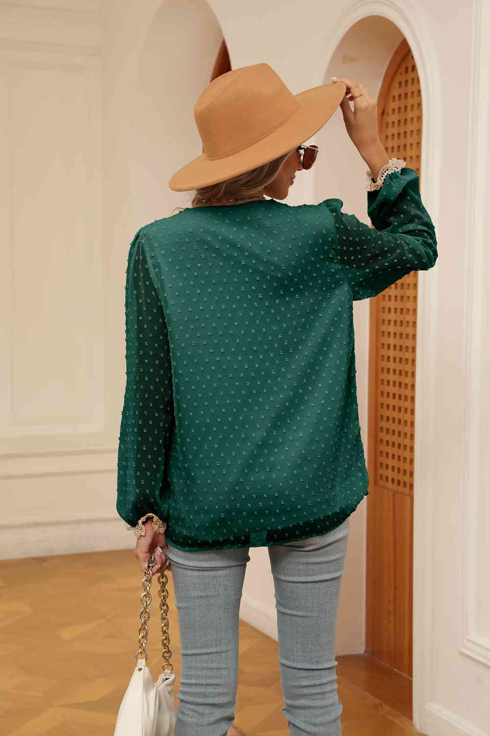 Swiss Dot Contrast V-Neck Blouse - Trendsi - Flyclothing LLC