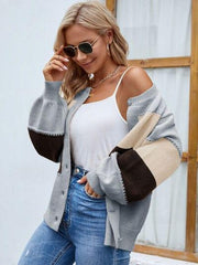 Color Block Button Up Lantern Sleeve Cardigan - Trendsi