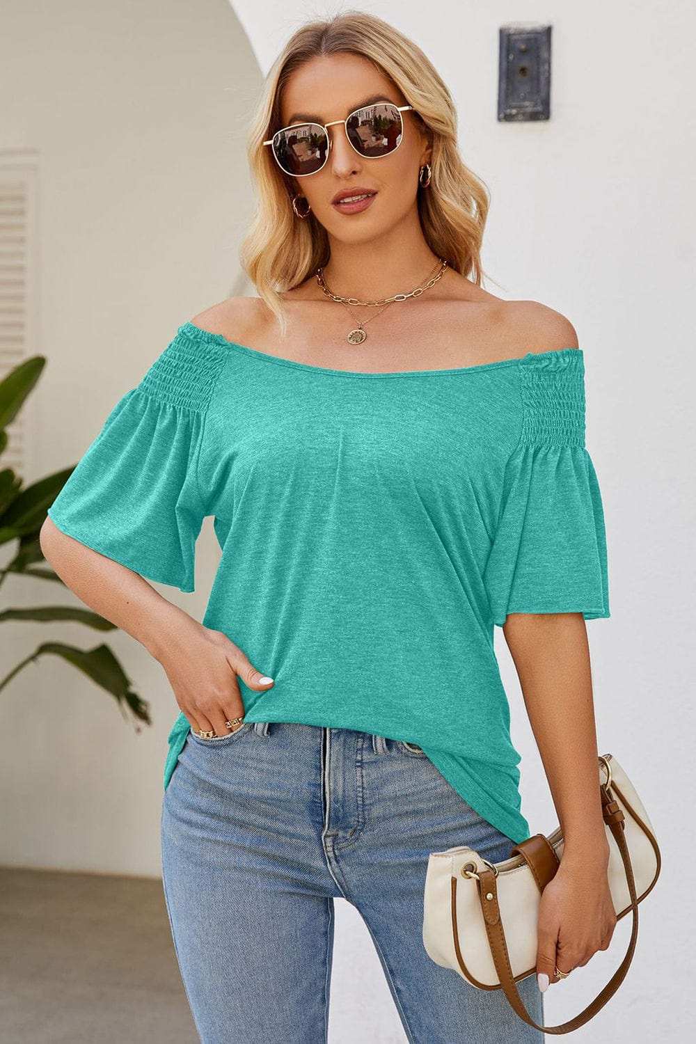 Smocked Round Neck Flutter Sleeve T-Shirt - Trendsi - Flyclothing LLC
