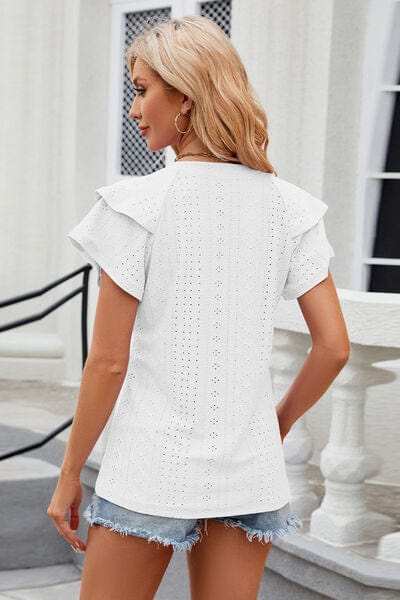 Eyelet Notched Short Sleeve T-Shirt - Trendsi - Flyclothing LLC