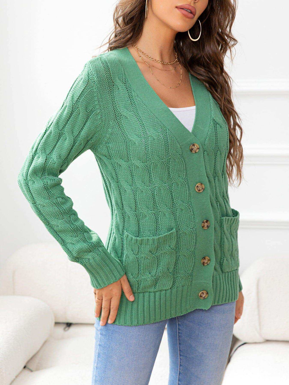 Button Down Cable-Knit Cardigan - Trendsi - Flyclothing LLC