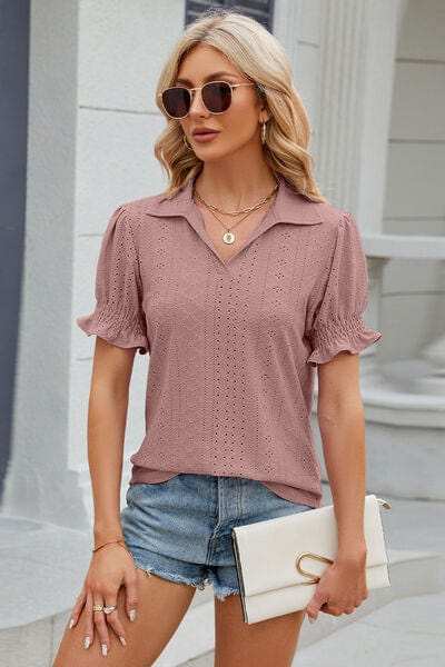 Eyelet Johnny Collar Short Sleeve Blouse - Trendsi - Flyclothing LLC