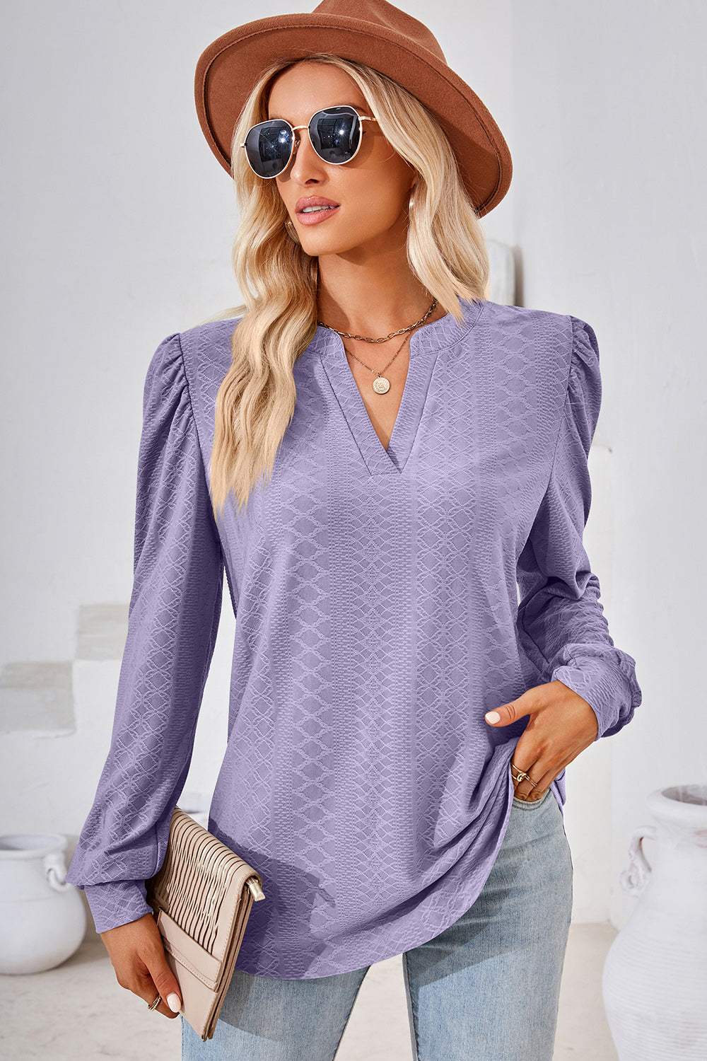 Ruched Notched Long Sleeve T-Shirt - Trendsi - Flyclothing LLC