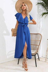 Ruffled Tied V-Neck Midi Dress - Trendsi - Flyclothing LLC