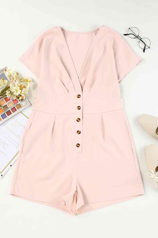Buttoned V-Neck Short Sleeve Romper - Trendsi