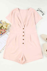 Buttoned V-Neck Short Sleeve Romper - Trendsi
